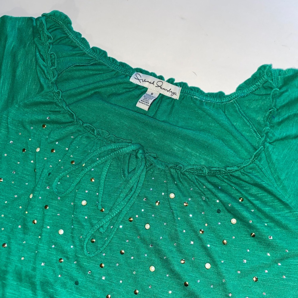 French Laundry Green Embellished Scoop Neck 3/4 Sleeve Top Small Studs Pearls